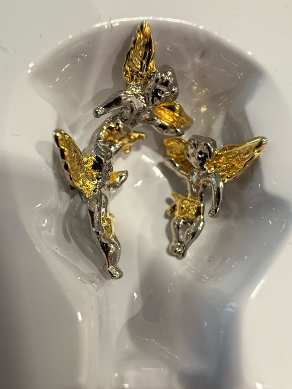 Guardian Angel post earring and pin set in a silver and gold tone
